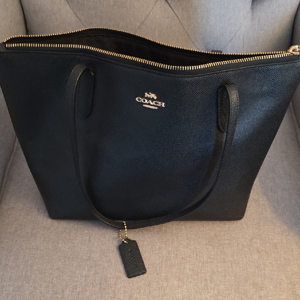 Coach Black Zip Top Tote with Gold Accents